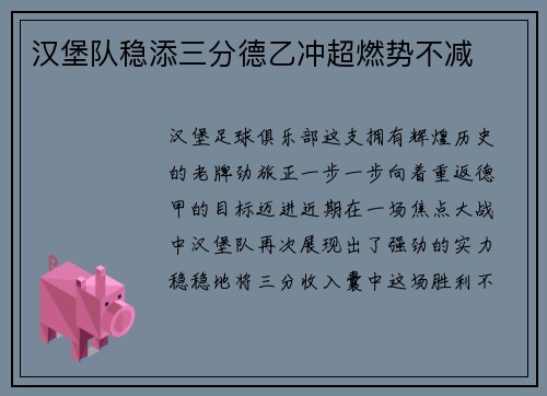 汉堡队稳添三分德乙冲超燃势不减