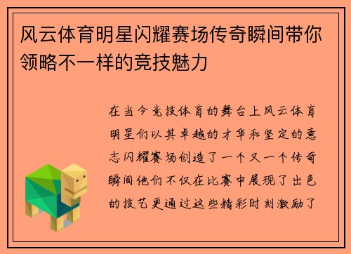 风云体育明星闪耀赛场传奇瞬间带你领略不一样的竞技魅力