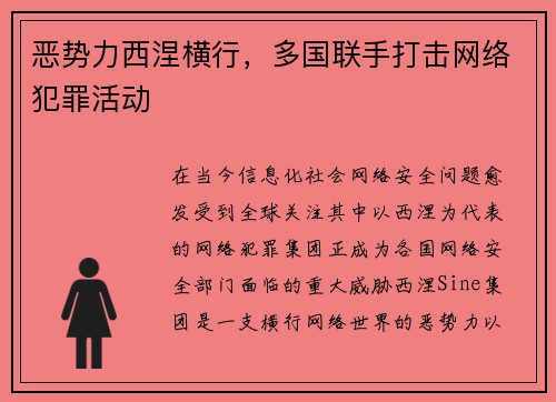 恶势力西涅横行，多国联手打击网络犯罪活动